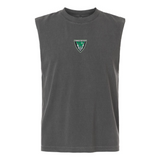 The EMB S&S Activewear Birmingham Rugby Unisex Muscle Tee is a sleeveless, dark gray garment-dyed cotton top featuring a small green and white triangular emblem on the chest, shown on a plain white background.