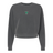The EMB S&S Activewear Women's Birmingham Rugby Mid-Length Crewneck Sweatshirt in charcoal gray features a small green and black triangular emblem on the upper chest, combining comfort and style for women.