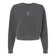 The EMB S&S Activewear Women's Birmingham Rugby Mid-Length Crewneck Sweatshirt in charcoal gray features a small green and black triangular emblem on the upper chest, combining comfort and style for women.