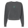 The EMB S&S Activewear Women's Birmingham Rugby Mid-Length Crewneck Sweatshirt in charcoal gray features a small green and black triangular emblem on the upper chest, combining comfort and style for women.