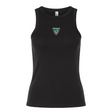 The EMB S&S Activewear Women's Birmingham Rugby Baby Rib Tank is a black ribbed tank top with a small green and white triangular logo centered on the chest.