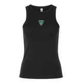 The EMB S&S Activewear Women's Birmingham Rugby Baby Rib Tank is a black ribbed tank top with a small green and white triangular logo centered on the chest.