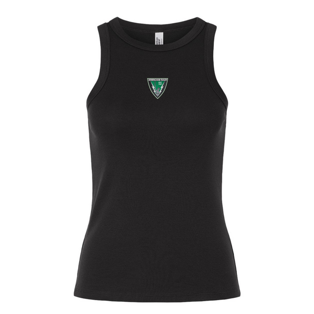 The EMB S&S Activewear Women's Birmingham Rugby Baby Rib Tank is a black ribbed tank top with a small green and white triangular logo centered on the chest.