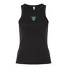 The EMB S&S Activewear Women's Birmingham Rugby Baby Rib Tank is a black ribbed tank top with a small green and white triangular logo centered on the chest.