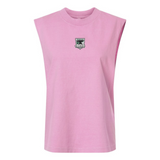 The Birmingham Steel Rugby Unisex Muscle Tee by EMB S&S Activewear is a sleeveless pink heavyweight cotton top featuring a small embroidered green and black shield emblem on the chest.
