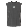 The Birmingham Steel Rugby Unisex Muscle Tee by EMB S&S Activewear is a sleeveless, heavyweight cotton top in dark gray, featuring a small embroidered patch with graphic and text on the center chest.