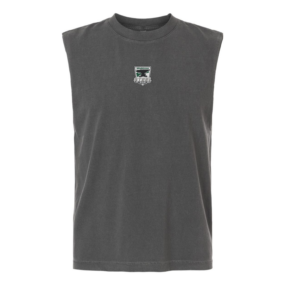 The Birmingham Steel Rugby Unisex Muscle Tee by EMB S&S Activewear is a sleeveless, heavyweight cotton top in dark gray, featuring a small embroidered patch with graphic and text on the center chest.