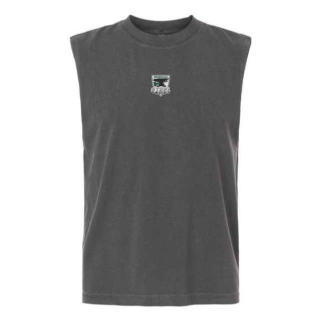 The Birmingham Steel Rugby Unisex Muscle Tee by EMB S&S Activewear is a sleeveless, heavyweight cotton top in dark gray, featuring a small embroidered patch with graphic and text on the center chest.