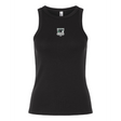The EMB S&S Activewear Women's Birmingham Steel Baby Rib Tank is a black fitted tank top featuring a small embroidered patch logo centered on the chest, designed in a classic women’s baby rib style.