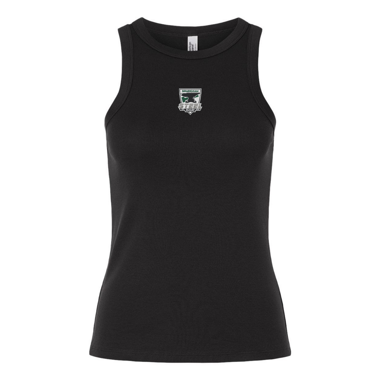 The EMB S&S Activewear Women's Birmingham Steel Baby Rib Tank is a black fitted tank top featuring a small embroidered patch logo centered on the chest, designed in a classic women’s baby rib style.