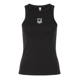 The EMB S&S Activewear Women's Birmingham Steel Baby Rib Tank is a black fitted tank top featuring a small embroidered patch logo centered on the chest, designed in a classic women’s baby rib style.