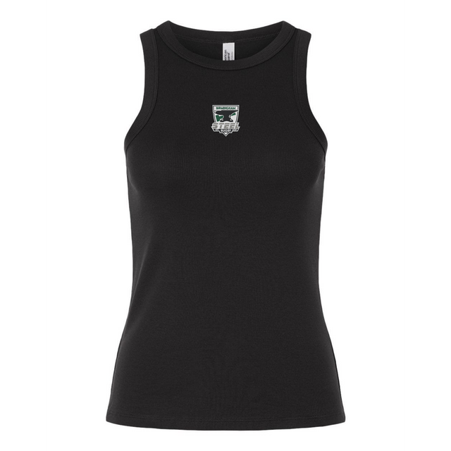 The EMB S&S Activewear Women's Birmingham Steel Baby Rib Tank is a black fitted tank top featuring a small embroidered patch logo centered on the chest, designed in a classic women’s baby rib style.