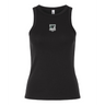 The EMB S&S Activewear Women's Birmingham Steel Baby Rib Tank is a black fitted tank top featuring a small embroidered patch logo centered on the chest, designed in a classic women’s baby rib style.