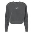The EMB S&S Activewear Women's Birmingham Steel Mid-Length Crewneck Sweatshirt is garment-dyed in dark gray for a soft finish, with a small embroidered chest logo, shown on a white background.