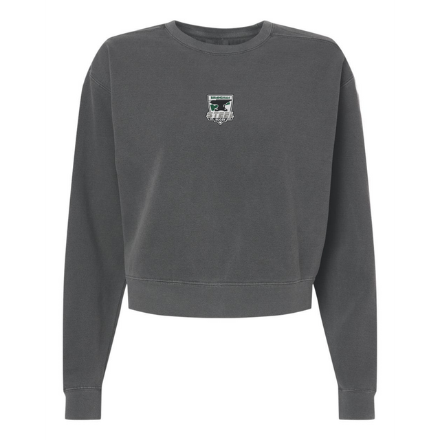 The EMB S&S Activewear Women's Birmingham Steel Mid-Length Crewneck Sweatshirt is garment-dyed in dark gray for a soft finish, with a small embroidered chest logo, shown on a white background.