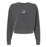 The EMB S&S Activewear Women's Birmingham Steel Mid-Length Crewneck Sweatshirt is garment-dyed in dark gray for a soft finish, with a small embroidered chest logo, shown on a white background.