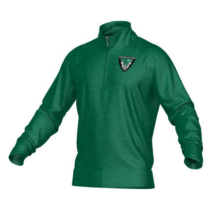 Birmingham Vulcans DNA Denver 1/4 Zip by Teamatical—a green long-sleeve performance fleece pullover with a black and white shield-shaped logo on the left chest. No background, front view.