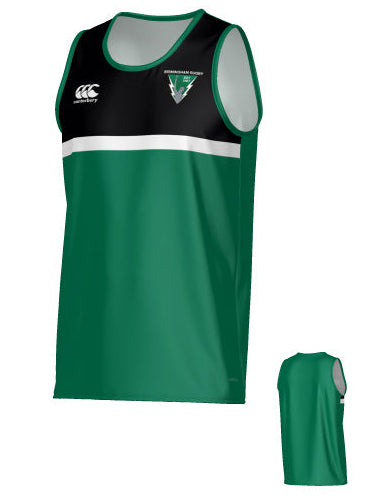 Birmingham Vulcans Canterbury Legacy Performance Singlet by Teamatical: a sleeveless green and black sports jersey featuring a white stripe, logo on the chest, and a plain green back.