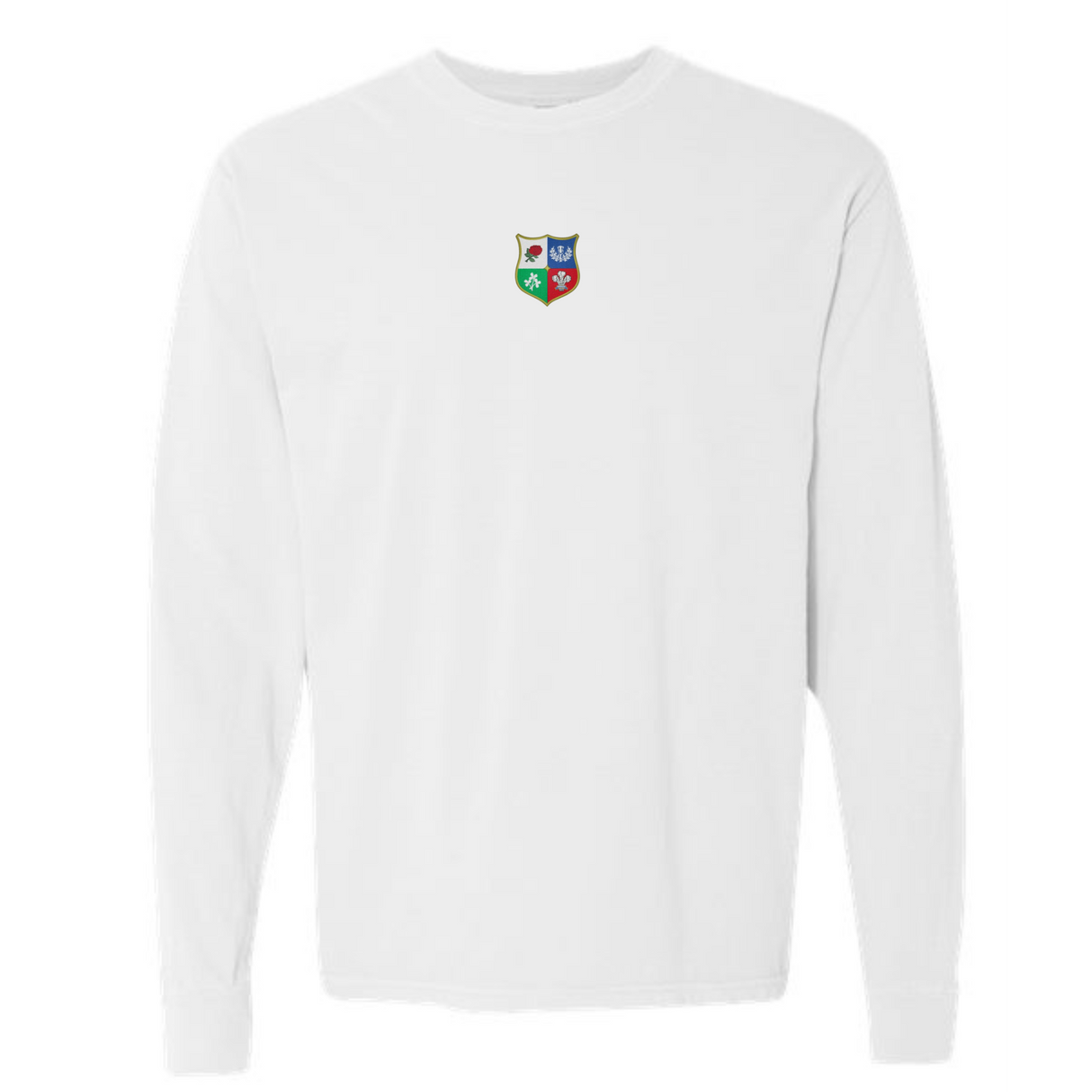 The British & Irish Lions Vintage Long Sleeve Comfort Tee by EMB S&S Activewear is a plain white shirt with a small, multicolored crest featuring four symbols centered on the upper chest.