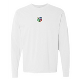 The British & Irish Lions Vintage Long Sleeve Comfort Tee by EMB S&S Activewear is a plain white shirt with a small, multicolored crest featuring four symbols centered on the upper chest.