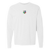 The British & Irish Lions Vintage Long Sleeve Comfort Tee by EMB S&S Activewear is a plain white shirt with a small, multicolored crest featuring four symbols centered on the upper chest.