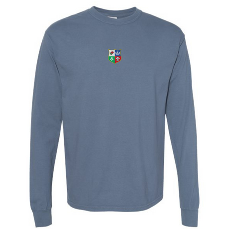 The British & Irish Lions Vintage Long Sleeve Comfort Tee by EMB S&S Activewear is a blue crewneck with a small multicolored team crest on the left chest.