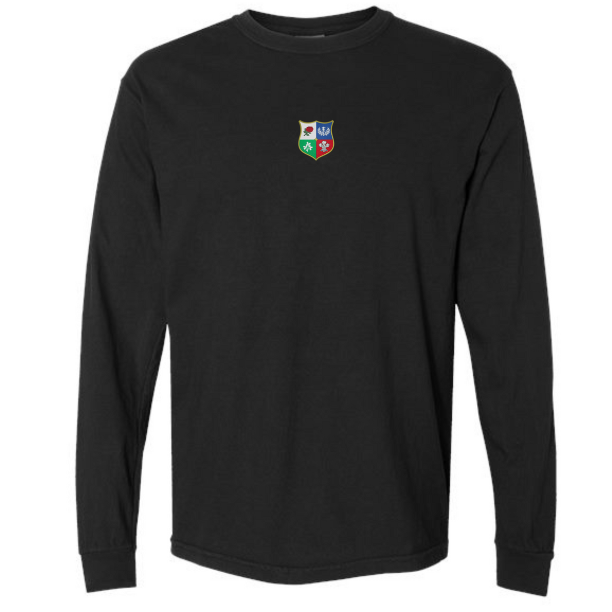 The EMB S&S Activewear British & Irish Lions Vintage Long Sleeve Comfort Tee features a small, multicolored four-symbol crest on the left chest—ideal for fans seeking classic style and comfort.