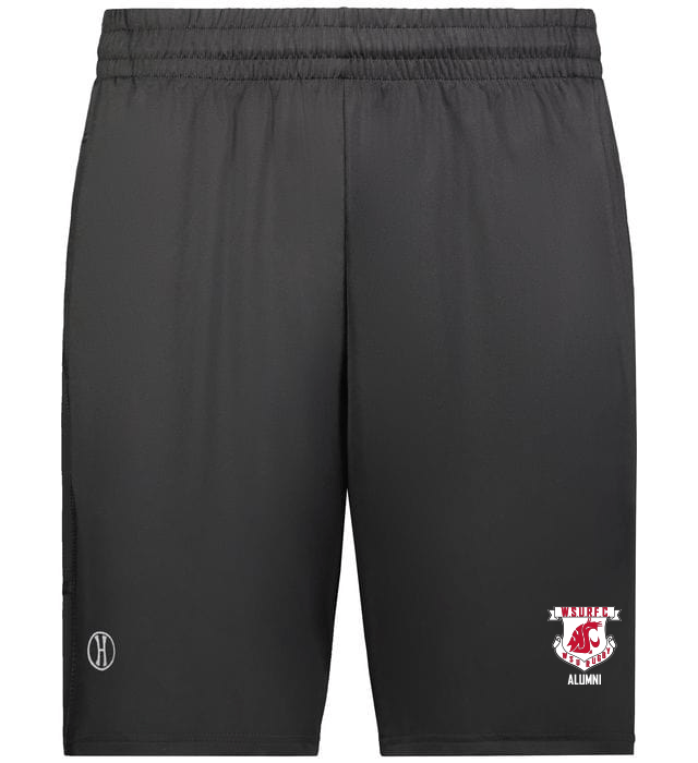 a black Washington State Rugby Alumni Coolcore Pocketed Gym Short with a red logo on it.
