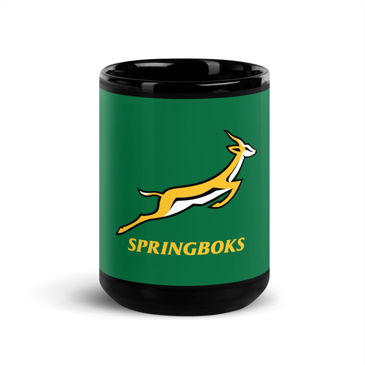 A black mug with the word Springboks on it, showcasing PF LIC team branding.