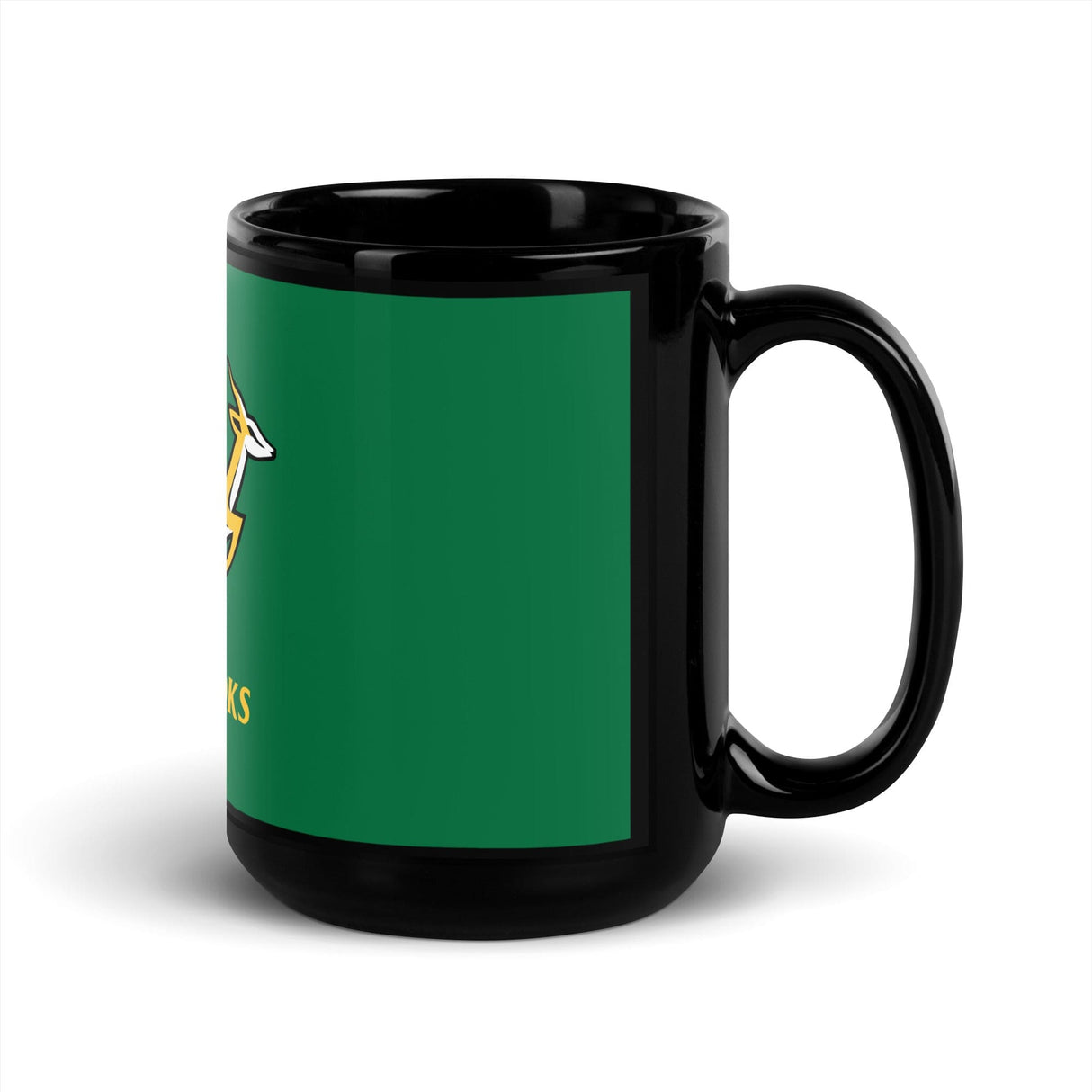 A Springboks Black Glossy Mug with an image of a moose on it by PF LIC.