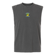 The EMB S&S Activewear Blackthorn Rugby Unisex Muscle Tee is a sleeveless black top featuring a colorful embroidered club logo and text on the upper chest, shown against a plain white background.