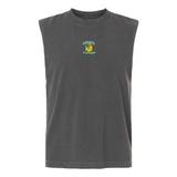The EMB S&S Activewear Blackthorn Rugby Unisex Muscle Tee is a sleeveless black top featuring a colorful embroidered club logo and text on the upper chest, shown against a plain white background.