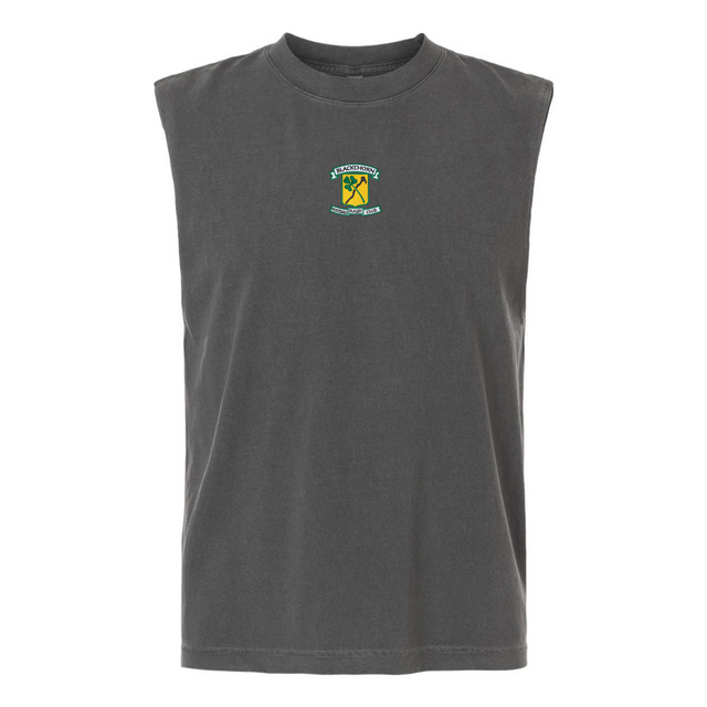 The EMB S&S Activewear Blackthorn Rugby Unisex Muscle Tee is a sleeveless black top featuring a colorful embroidered club logo and text on the upper chest, shown against a plain white background.