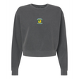 The EMB S&S Activewear Women's Blackthorn Rugby Mid-Length Crewneck Sweatshirt is cropped, garment-dyed charcoal gray, and displays a small colorful crest logo on the chest against a white background.