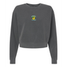The EMB S&S Activewear Women's Blackthorn Rugby Mid-Length Crewneck Sweatshirt is cropped, garment-dyed charcoal gray, and displays a small colorful crest logo on the chest against a white background.