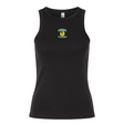 Show your team pride in the EMB S&S Activewear Women's Blackthorn Rugby Baby Rib Tank—a black ribbed tank top with a small green and yellow crest logo on the chest.