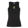 Show your team pride in the EMB S&S Activewear Women's Blackthorn Rugby Baby Rib Tank—a black ribbed tank top with a small green and yellow crest logo on the chest.
