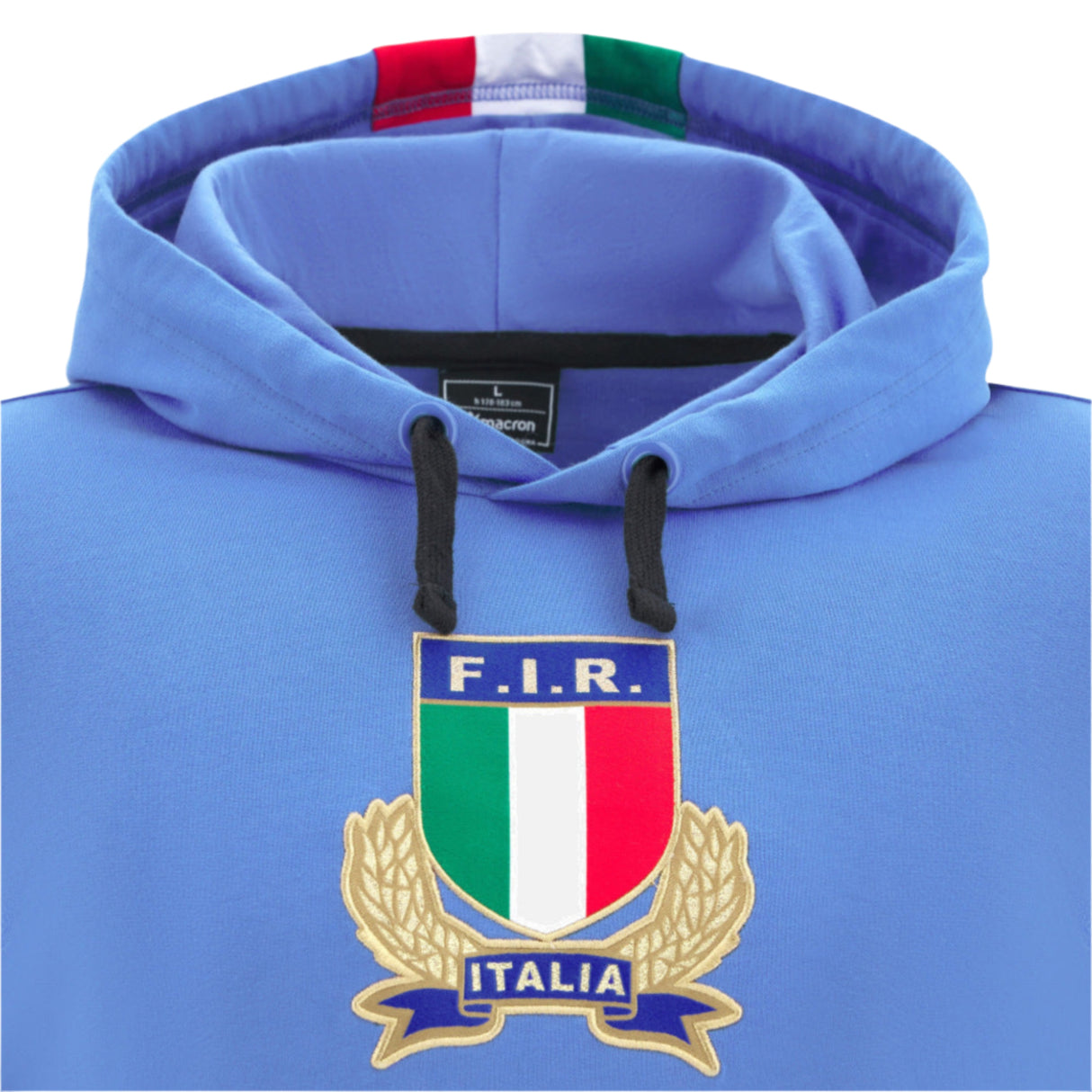 Close-up of the Italy 25/26 Fleece Supporters Hoodie by Macron—blue with black drawstrings, featuring the Italian Rugby Federation crest and "Italia" embroidered below. The perfect fleece sweatshirt for rugby fans.