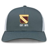 The Conestoga Rugby Retro Trucker Cap by EMB S&S Activewear features gray and white panels, an embroidered club crest with "EST. 1971" on the front, and a classic snapback closure for adjustable fit.