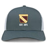 The Conestoga Rugby Retro Trucker Cap by EMB S&S Activewear features gray and white panels, an embroidered club crest with "EST. 1971" on the front, and a classic snapback closure for adjustable fit.