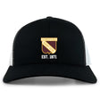 The Conestoga Rugby Retro Trucker Cap by EMB S&S Activewear features a black and white design, "Conestoga Rugby Club" logo, "EST. 1971" embroidery, and a classic snapback closure for adjustable fit.
