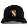 The Conestoga Rugby Retro Trucker Cap by EMB S&S Activewear features a black and white design, "Conestoga Rugby Club" logo, "EST. 1971" embroidery, and a classic snapback closure for adjustable fit.