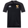 The Conestoga Rugby Vapodri Evader Jersey by EMB Canterbury is a black short-sleeved rugby top with moisture-wicking tech, a Canterbury logo on the right chest, and a yellow "COMESTORA EST. 1971" shield on the left chest.