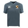 The Conestoga Rugby Vapodri Evader Jersey by EMB Canterbury is a grey, short-sleeved rugby top with moisture-wicking tech, featuring the Canterbury logo on the right and a Conestoga Rugby crest on the left chest.
