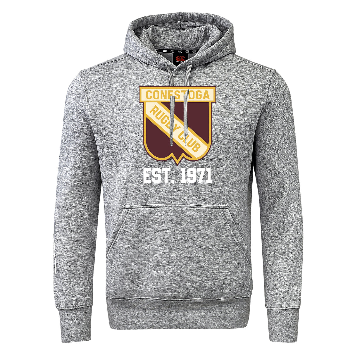 The Conestoga Rugby Club Hoodie by WRS Canterbury is a gray hoodie with a front pouch pocket and features a large "Conestoga Rugby Club" logo and "EST. 1971" on the chest.