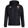 The Conestoga Rugby Club Vaposhield Full Zip Rain Jacket by EMB Canterbury is a black, lightweight rain jacket with a hood, zipper, white Canterbury logo on the right chest, and a crest with "EST. 1871" on the left chest.