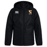 The Conestoga Rugby Club Vaposhield Stadium Jacket by EMB Canterbury features a black hood, zip front, padded insulation, Canterbury logo on the right chest, and a crest with "EST. 1971" on the left chest.