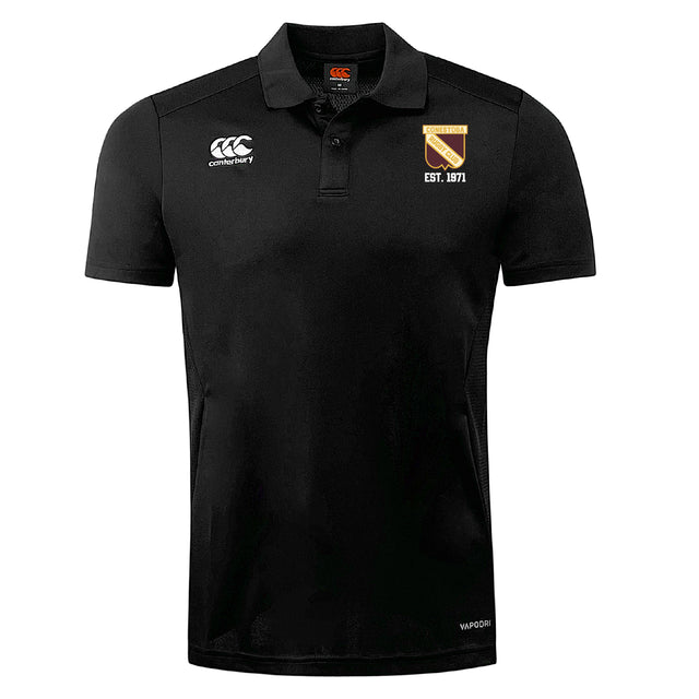 The Conestoga Rugby Club Dry Polo by EMB Canterbury is a black short-sleeve polo with a collar, Vapodri Technology, Canterbury logo on the right chest, and a left chest crest reading "EST. 1971.