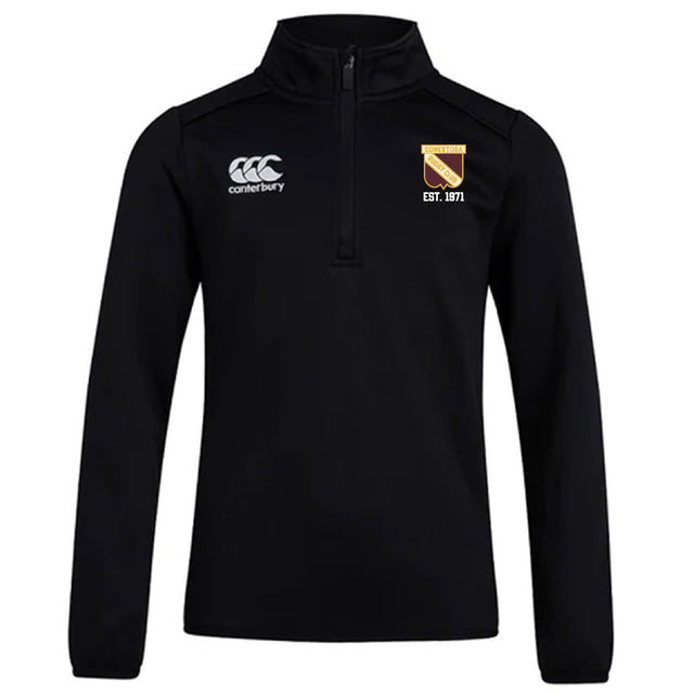 The Conestoga Rugby Club 1/4 Zip Mid Layer Training Top by EMB Canterbury features a black design, long sleeves, right-chest Canterbury logo, left-chest "EST. 1971" crest, and a stylish 1/4 zip for comfort.