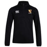The Conestoga Rugby Club 1/4 Zip Mid Layer Training Top by EMB Canterbury features a black design, long sleeves, right-chest Canterbury logo, left-chest "EST. 1971" crest, and a stylish 1/4 zip for comfort.